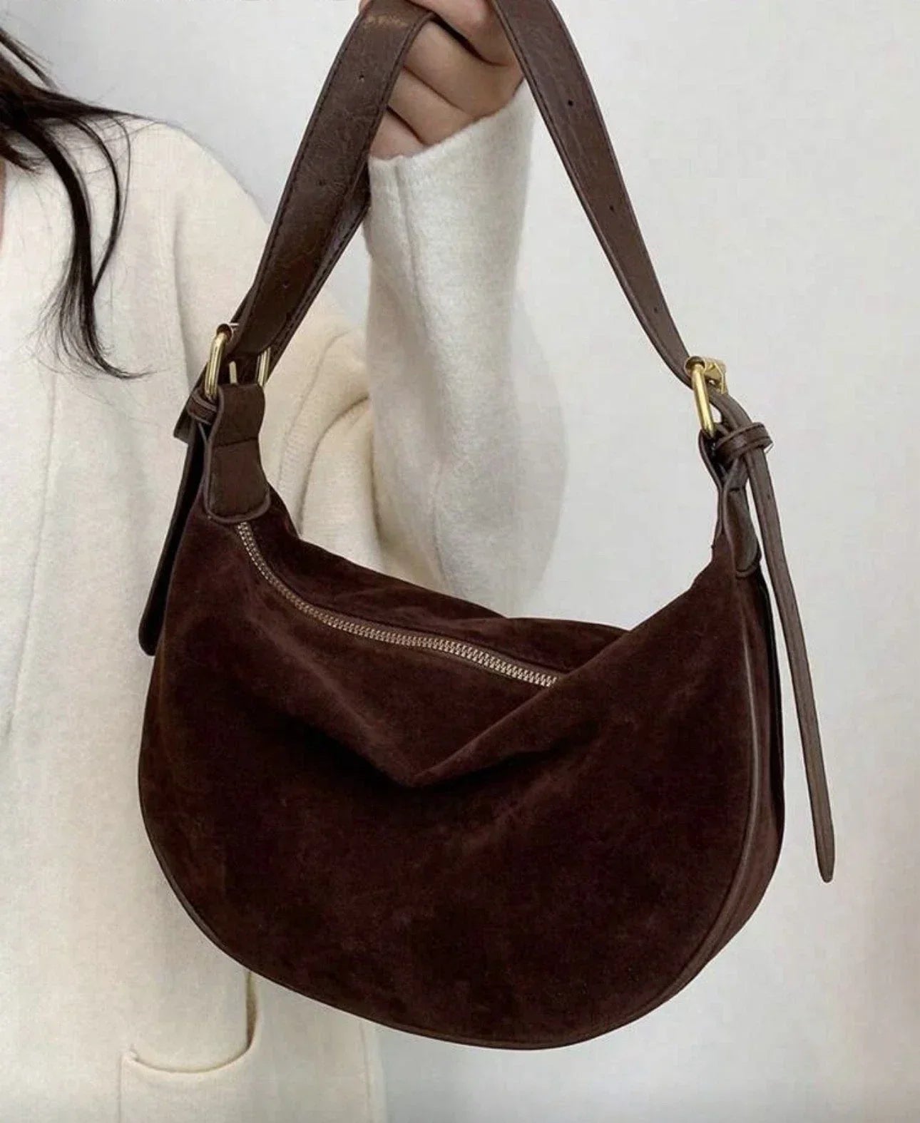 Chocolate Brown Suede Crescent Hobo Bag Slouchy Gold Hardware Shoulder Bag Fall
