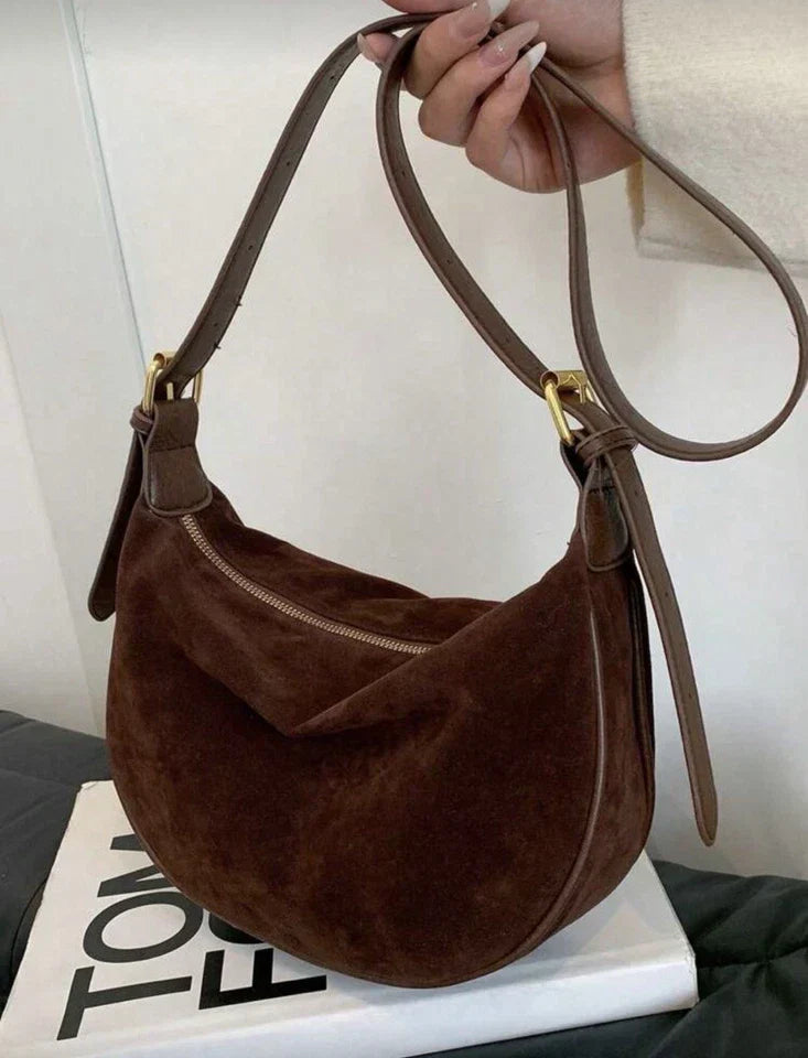 Chocolate Brown Suede Crescent Hobo Bag Slouchy Gold Hardware Shoulder Bag Fall