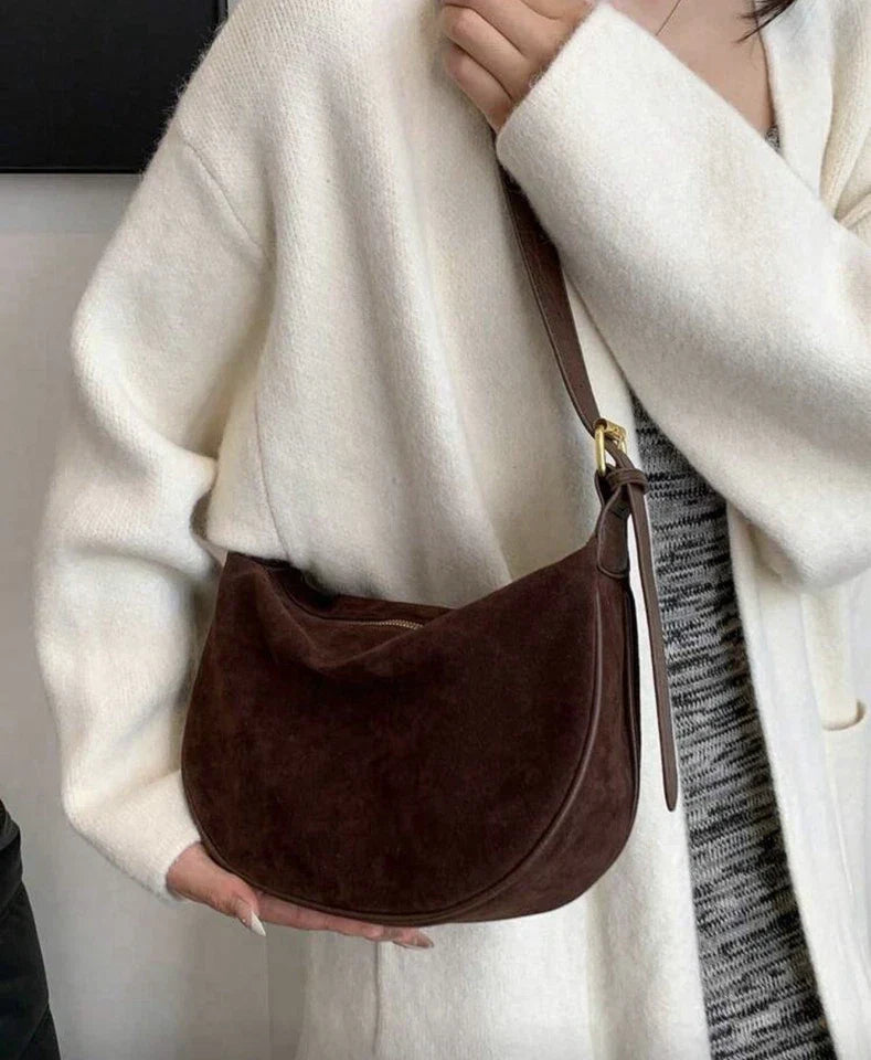 Chocolate Brown Suede Crescent Hobo Bag Slouchy Gold Hardware Shoulder Bag Fall