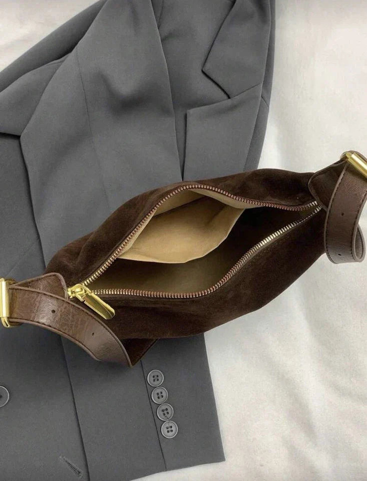 Chocolate Brown Suede Crescent Hobo Bag Slouchy Gold Hardware Shoulder Bag Fall