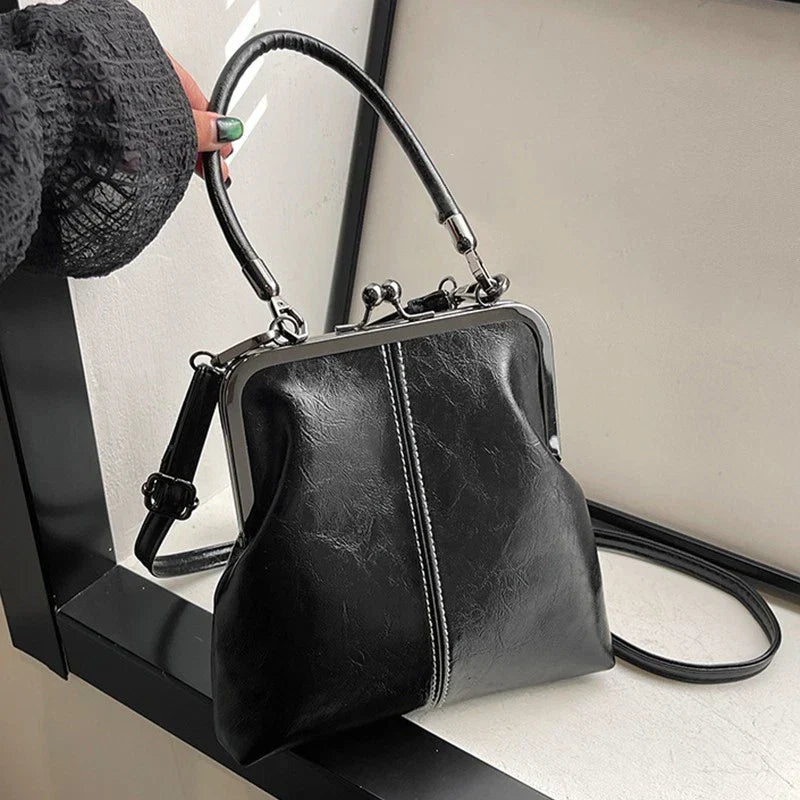 Vintage Black Kiss Lock Frame Bag Shoulder Crossbody Handbag Purse Retro Clutch